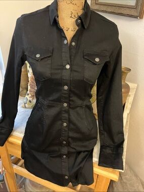 Free People Black Button-Front Denim Shirt Dress Stretchy Sexy!! Hot Work/Play!